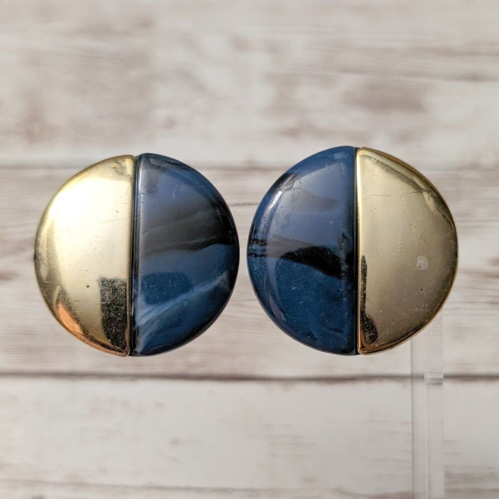 Vintage Clip On Earrings - Half Blue, Half Gold Tone 1.25" - Fair Condition